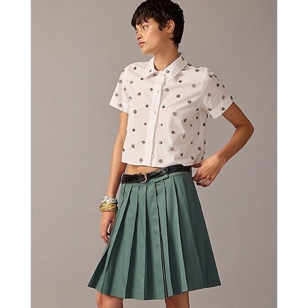 J. Crew White Cropped Button Down Shirt with Beaded Pattern